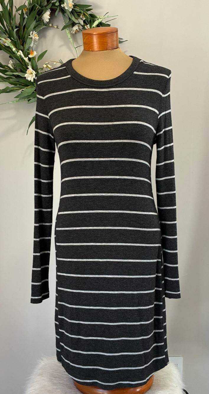 Lou & Grey Charcoal Striped Lounge Dress, Long Sleeve Super Soft, Size S